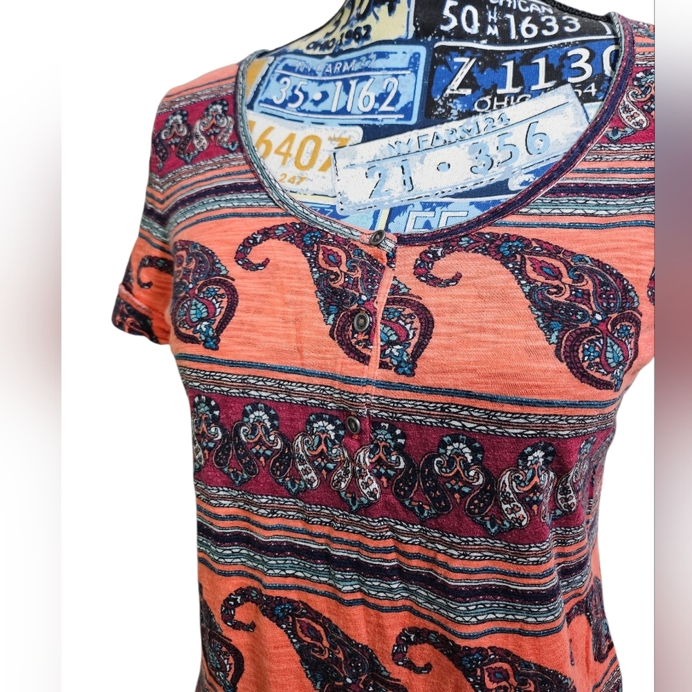 Lucky Brand Salmon Tribal Aztec Henley Shirt Medium - Picture 2 of 8